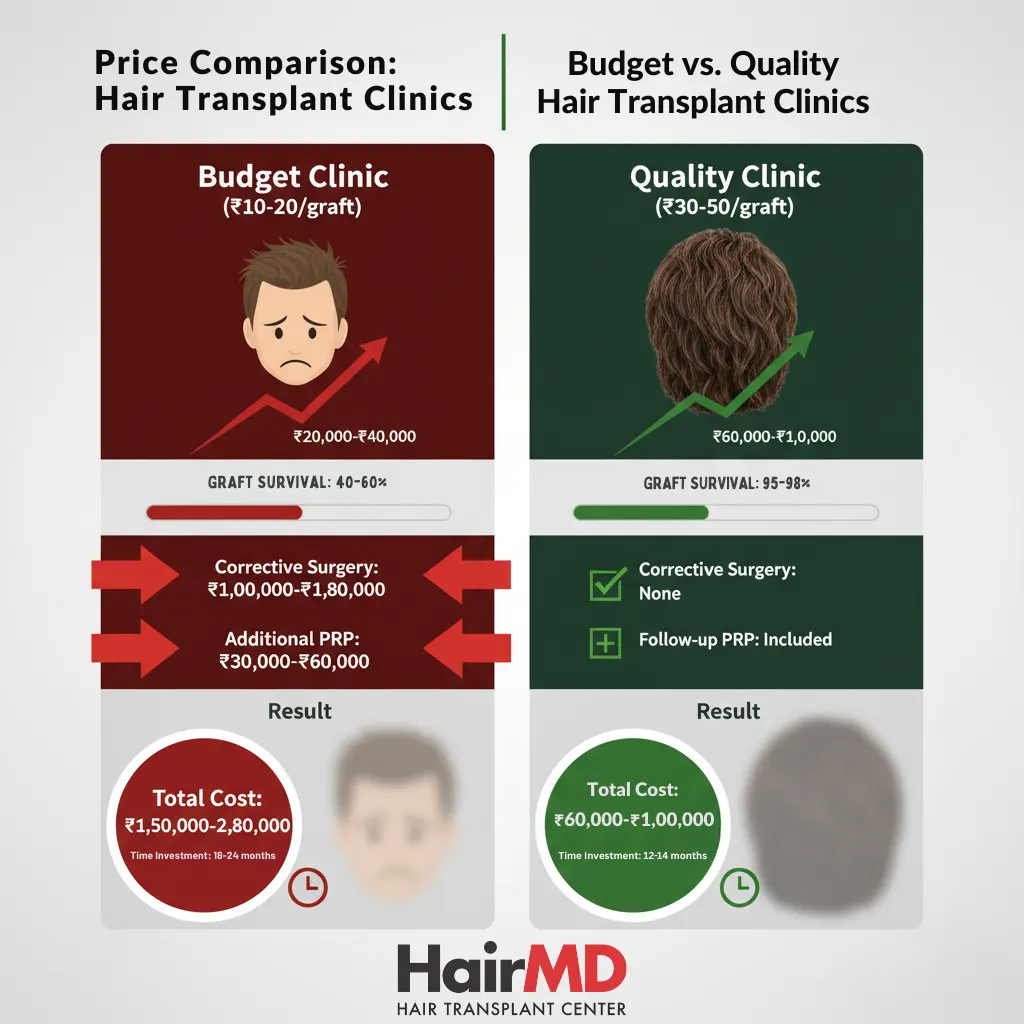 Detailed price comparison chart showing total costs of budget vs quality hair transplant clinics including corrections