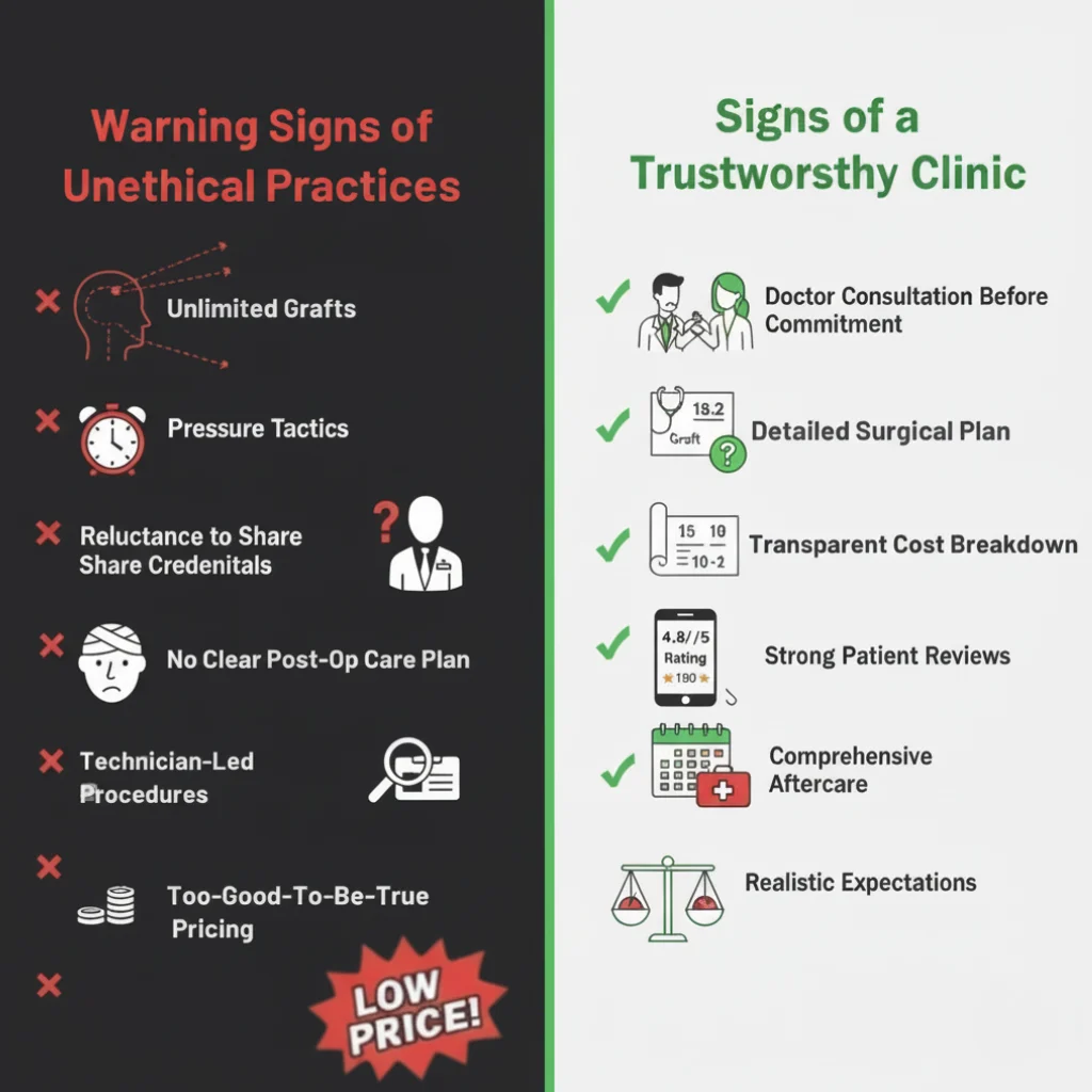 Visual guide comparing red flags and green flags when choosing an ethical hair transplant clinic