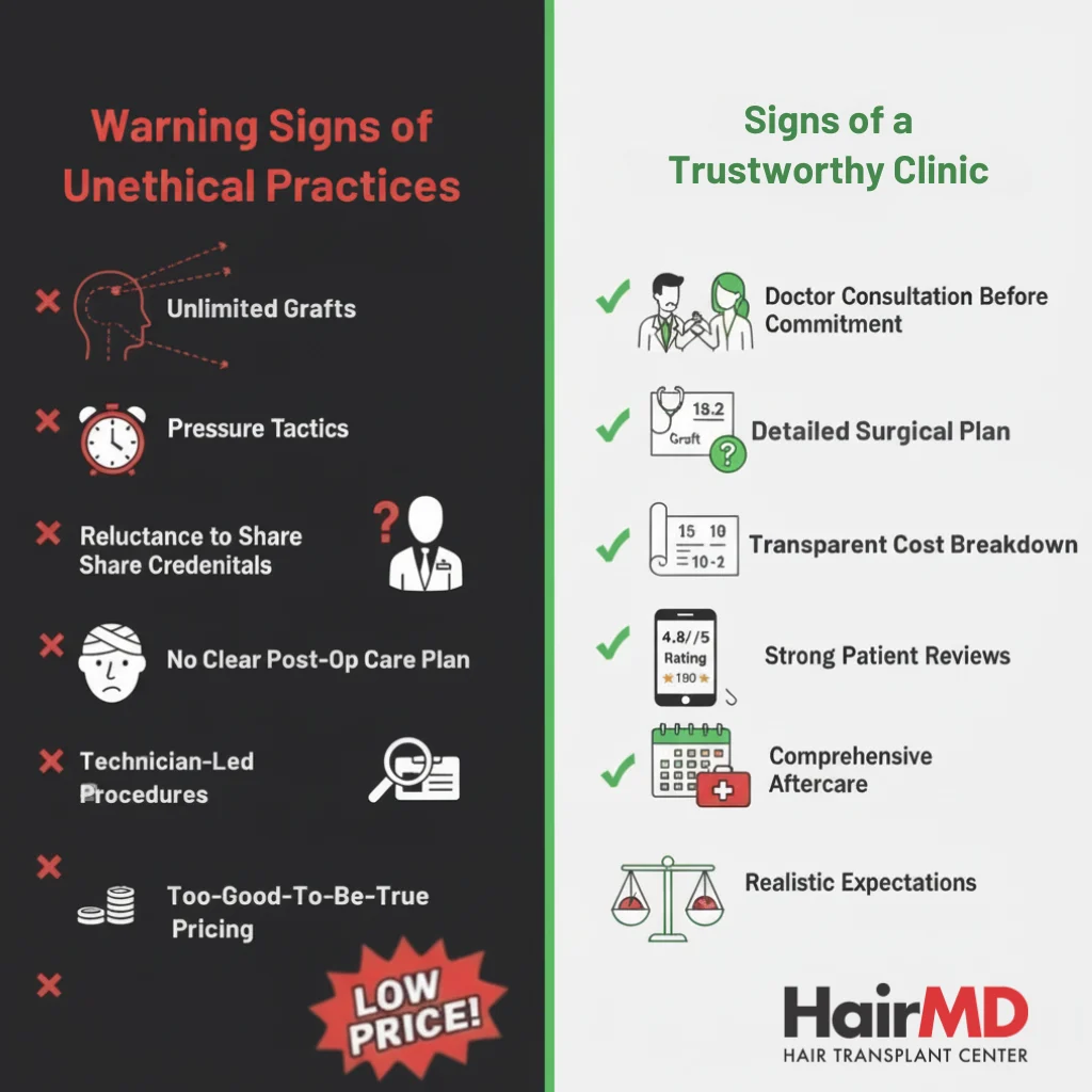 Visual guide comparing red flags and green flags when choosing an ethical hair transplant clinic