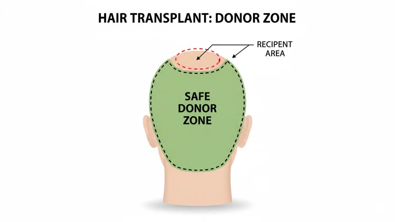 Safe donor zone anatomy for FUE hair transplant extraction