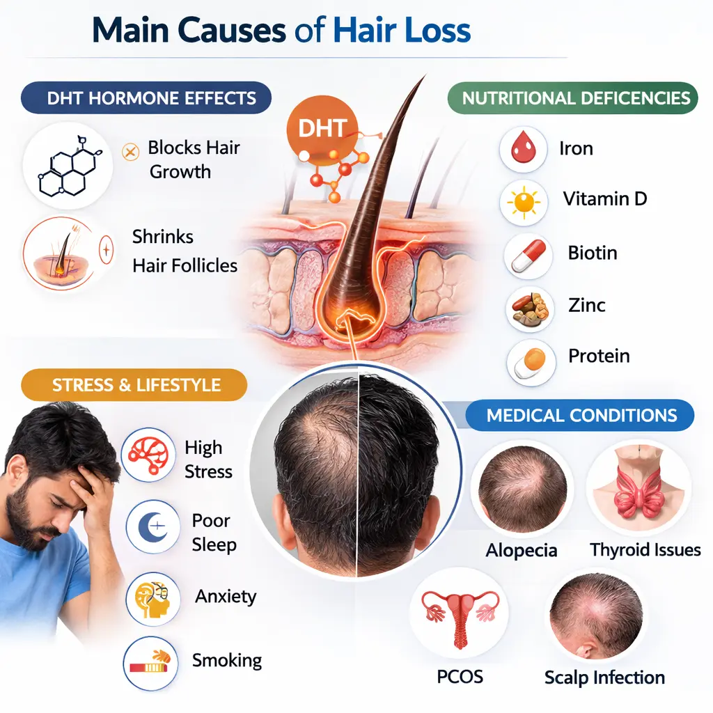 Causes of hair loss DHT genetics stress nutrition - dermatologist Pune HairMD