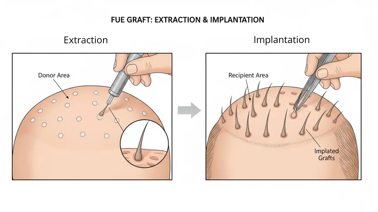 FUE hair transplant procedure showing follicle extraction and implantation at HairMD Pune