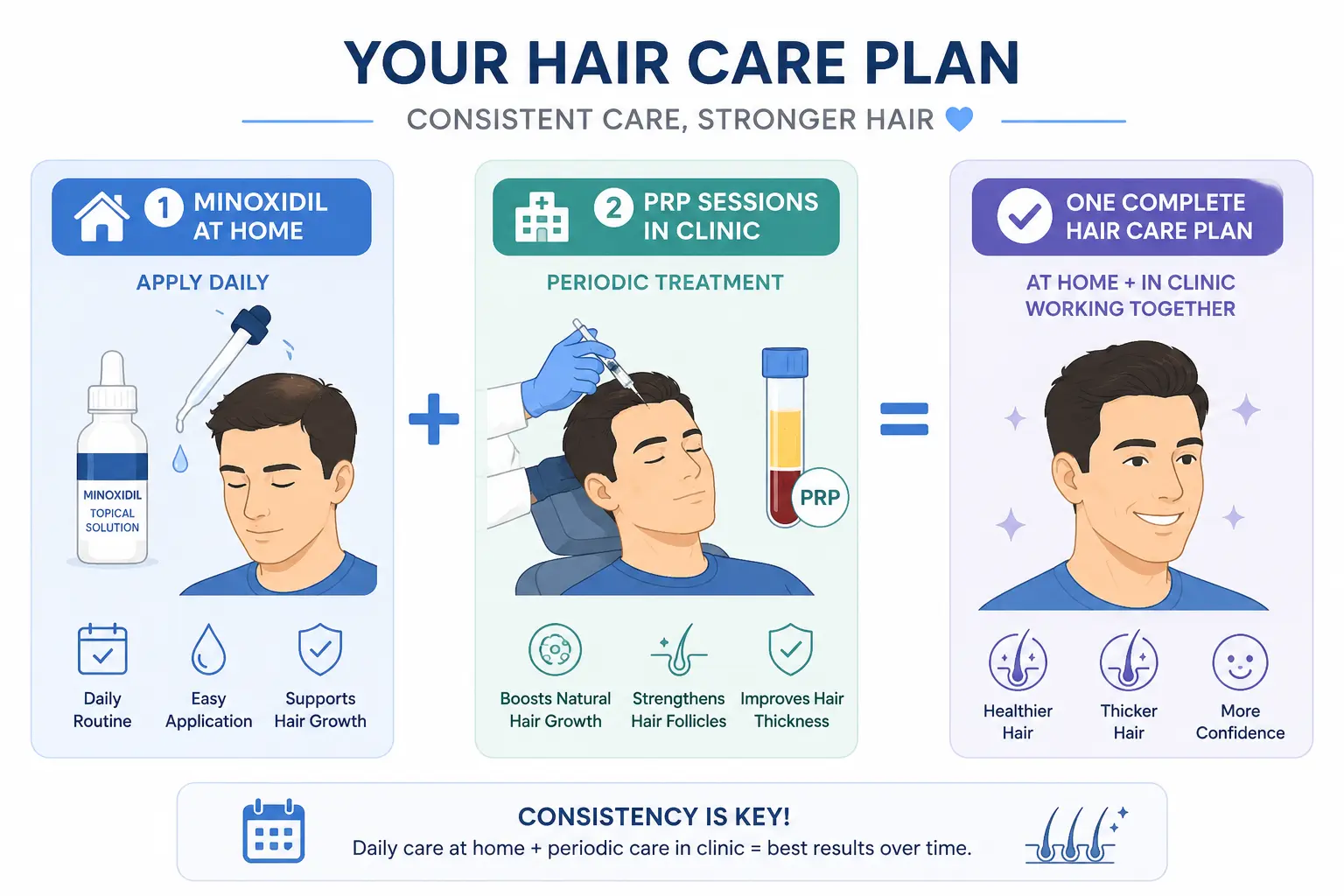 Combining minoxidil at home with in-clinic PRP for a stronger hair loss plan.